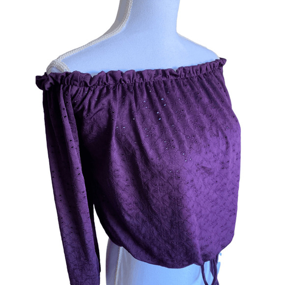 Peppermint Womens Top Boho Peasant Purple Off On Shoulder Eyelet Cropped Large - Picture 6 of 12